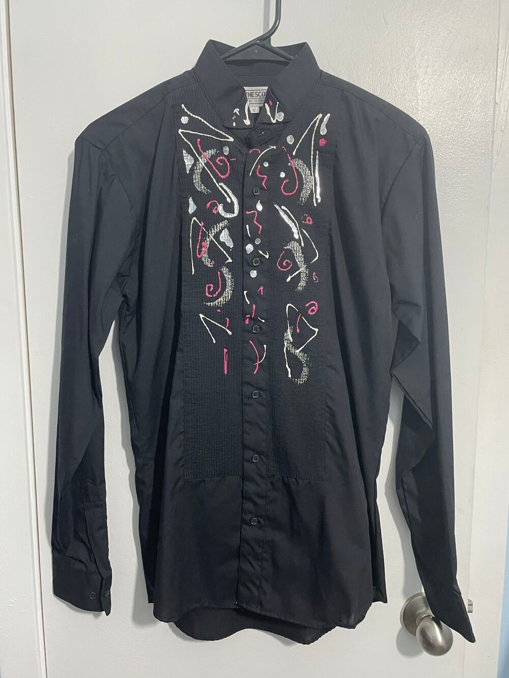 Vintage Wayne Scott Tuxedo Shirt Small Black Handpainted Abstract 80s Glam